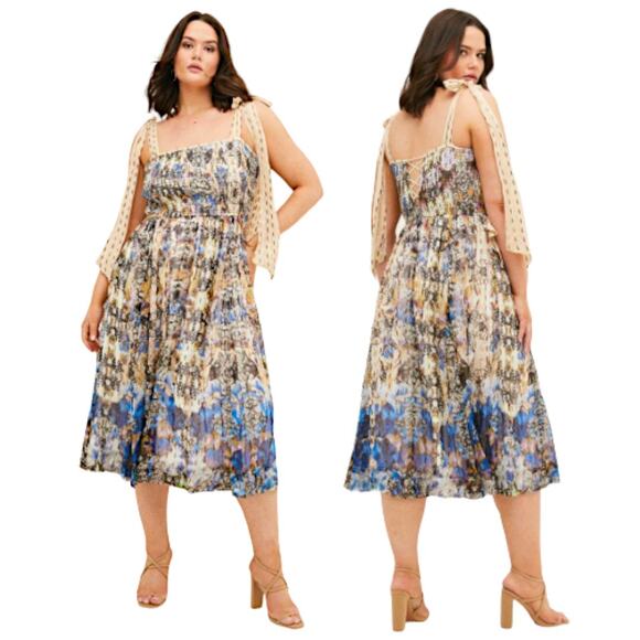 Karen Millen Dresses & Skirts - Karen Millen Placed Border Print Tie Strap Metallic Smocked Midi Dress US 20